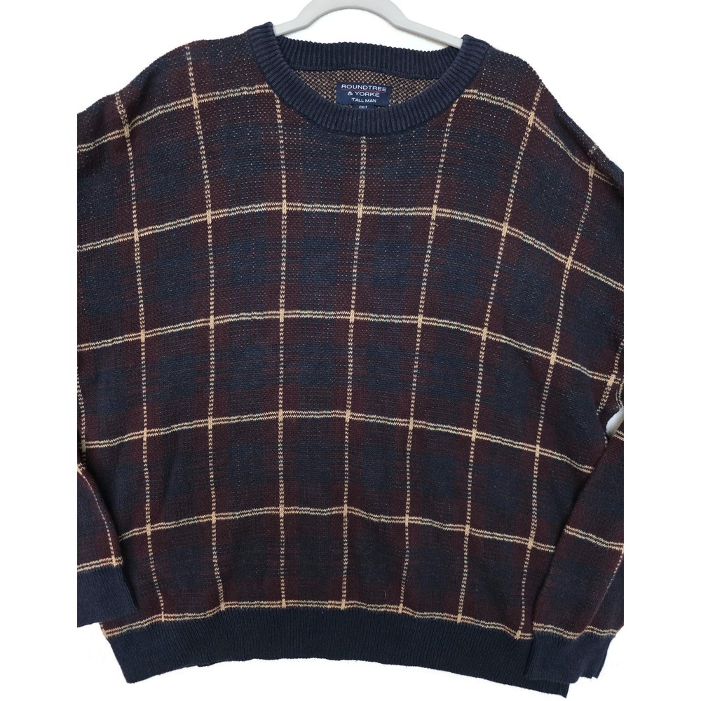 Roundtree & Yorke Sweater Mens 2XLT Tall Blue Plaid Crewneck Knit Pullover